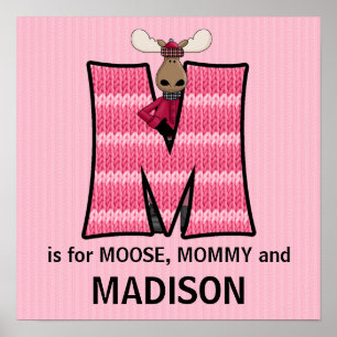 Roze Moose Monogram Letter M Baby Room Poster