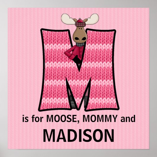 Roze Moose Monogram Letter M Baby Room Poster (Voorkant)