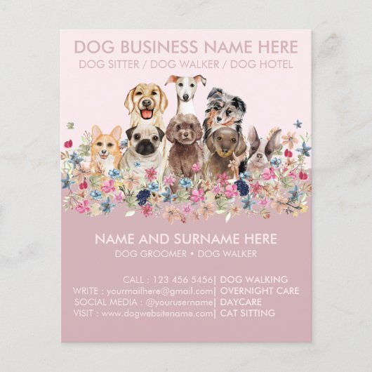 Roze Moppige Hond Zitservice Flyer (Voorkant)