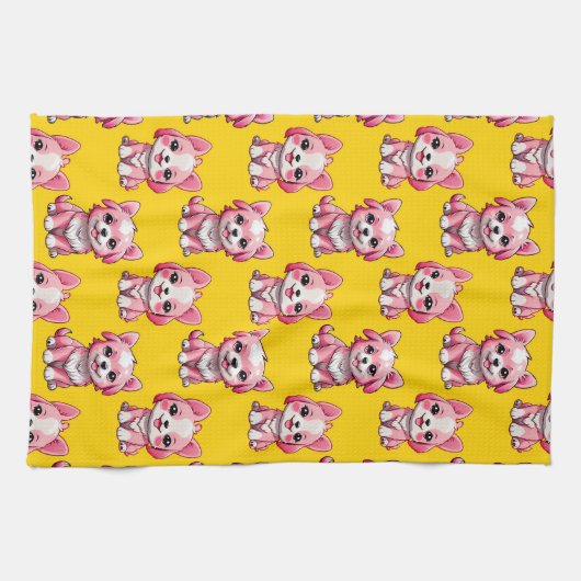 Roze Moppige Honden - Geel  Theedoek (Horizontaal)