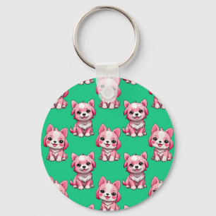 Roze Moppige Honden - Groen Sleutelhanger