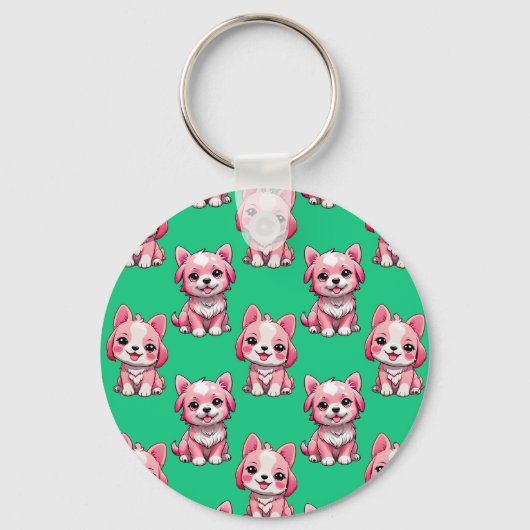 Roze Moppige Honden - Groen  Sleutelhanger (Voorkant)