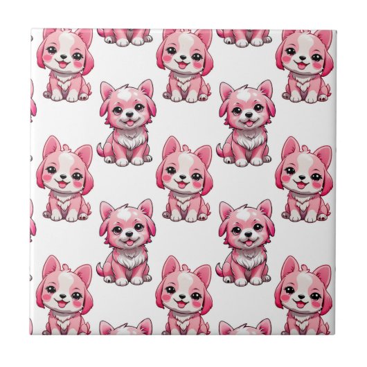 Roze Moppige Honden - Wit  Tegeltje (Voorkant)