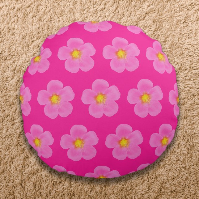 Roze Mos Roos Bloem Naadloos Patroon op Rond Kussen (Pink Moss Rose flower seamless pattern on round throw pillow)