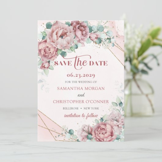 Roze mosterdgroen eucalyptusgoud met uitzondering save the date (Staand voorkant)