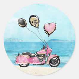 Roze motor op het strand Huwelijkssticker Ronde Sticker