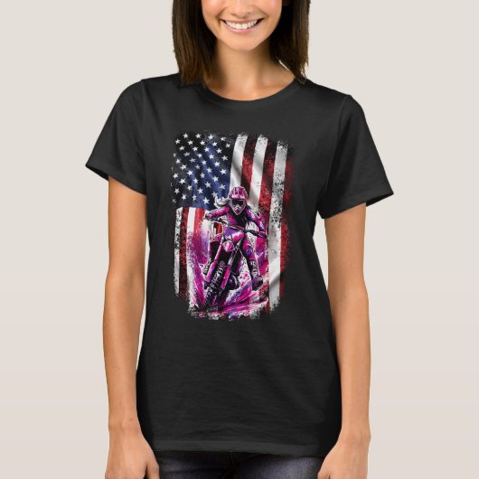 Roze Motorcross Meisje Amerikaanse Patriottische V T-shirt (Voorkant)