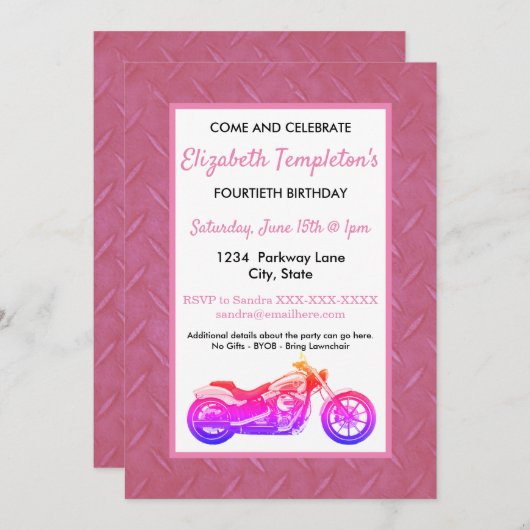 Roze motorfiets Birthday Party Women's Invitation Kaart (Voorkant / Achterkant)