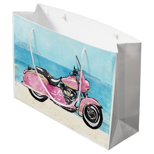 Roze motorfiets op de strand groot cadeauzakje (Achterkant Gekanteld)