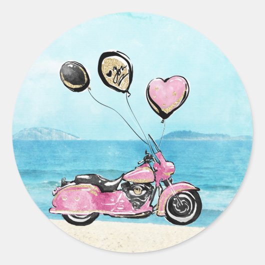 Roze Motorfiets op Strand Bruiloft Sticker (Voorkant)