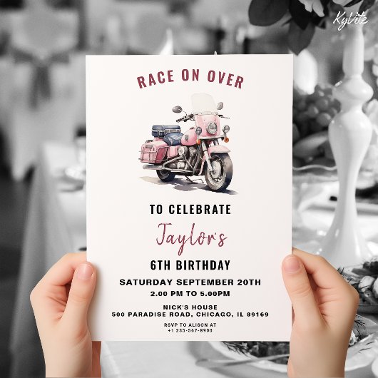 Roze Motorfiets Verjaardag uitnodiging voor Meisje