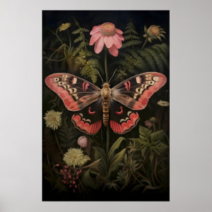 Roze Motten Botanische Print, Vlinder Donkere Acad Poster