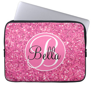 Roze mousserend glitterpatroon, monogrammatisch laptop sleeve