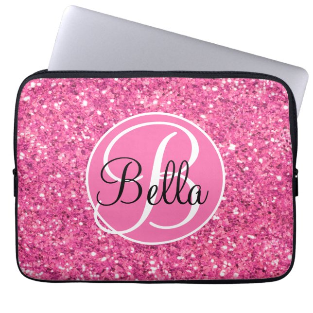Roze mousserend glitterpatroon, monogrammatisch laptop sleeve (Voorkant)