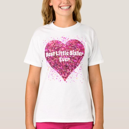 Roze mousserende glitter hart beste kleine zus t-shirt (Voorkant)