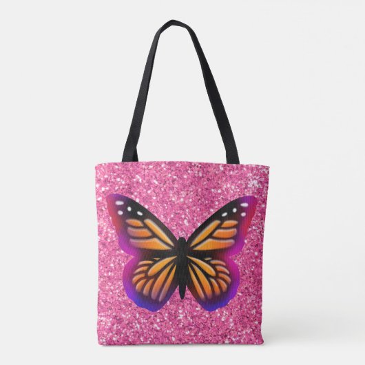 Roze mousserende glitter, kleurrijke vlinderbloemi tote bag (Achterkant)