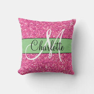 Roze mousserende glitter, monogrammatica kussen
