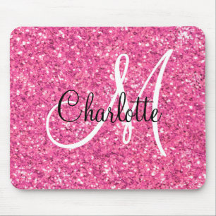 Roze mousserende glitter, monogrammatica muismat