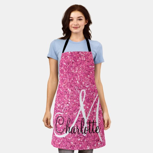 Roze mousserende glitter, monogrammatisch schort (Gedragen)