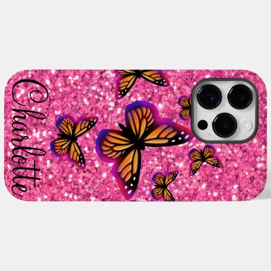 Roze mousserende glittervlinders, monogrammatisch Case-Mate iPhone case (Achterkant (horizontaal))