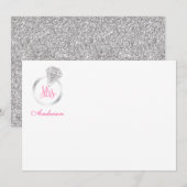 Roze Mrs Silver Glitter Diamond Ring gepersonalise Notitiekaartje (Voorkant / Achterkant)