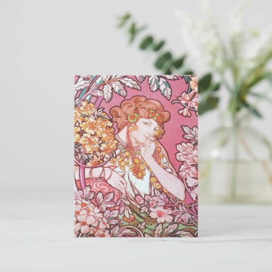  roze Mucha Art Briefkaart (Staand voorkant)