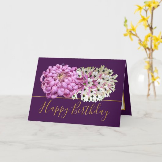 Roze Mum & Witte Orchideeën Bloemen Boeket Verjaar Kaart (Gele Bloem)