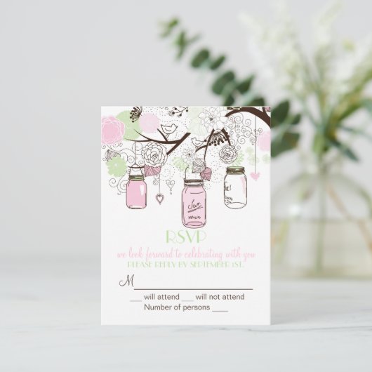 Roze Munt Green Mason Jars RSVP Weddenschap (Staand voorkant)