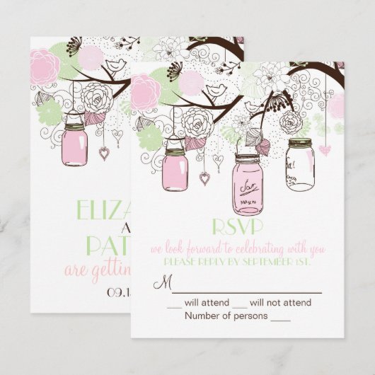 Roze Munt Green Mason Jars RSVP Weddenschap (Voorkant / Achterkant)