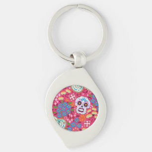 Roze Music Rock Skull Floral Garden Sleutelhanger