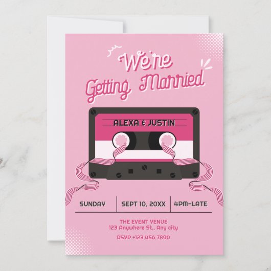 Roze muziek cassette bruiloft kaart (Voorkant)