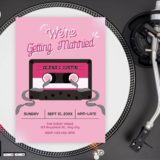 Roze muziek cassette bruiloft kaart