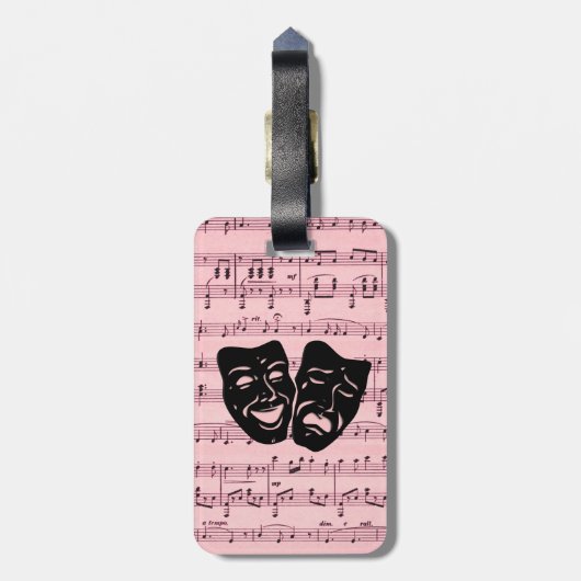 Roze muziek- en theatermaskers bagagelabel (Achterkant verticaal)