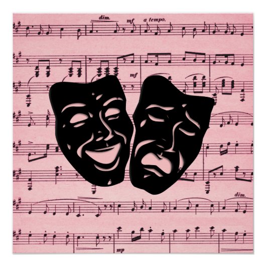 Roze muziek- en theatermaskers perfect poster (Voorkant)