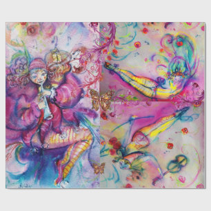 ROZE MUZIKALE CLOWNS ,BUTTERFLİES EN BLOEMENWERVEL CADEAUPAPIER