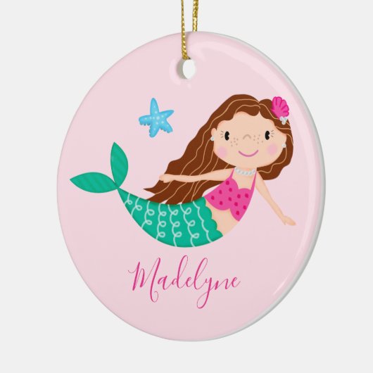 Roze naam kerstscript voor Zeemeermin Keramisch Ornament (Links)