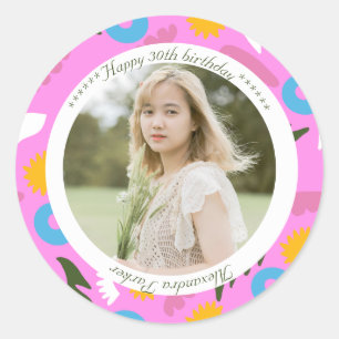 roze naam verjaardag moderne bloemrijke romantisch ronde sticker