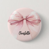 Roze naamkaartje met strik ronde button 5,7 cm (Voorkant)