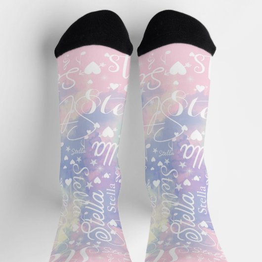 Roze-naar-Blauw Waterverf Harten Sterren & Muziek  Sokken (Top)