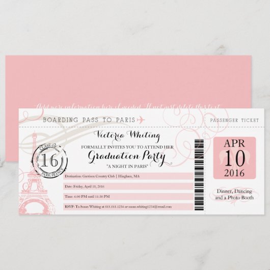 Roze nacht in Paris Graduparty Boarding Pass Kaart (Voorkant / Achterkant)