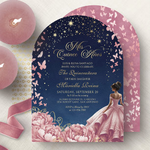 Roze Nachtelijke Hemel Vlinders Quinceanera Kaart