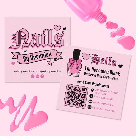Roze Nagel Tech Gothic Lettering QR Code Vierkant Vierkante Visitekaartje