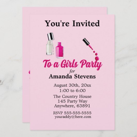 Roze nagellak pyjama feest uitnodiging (Voorkant / Achterkant)