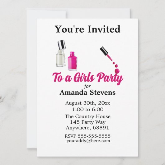 Roze Nagellak Pyjama Party Uitnodiging (Voorkant)