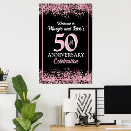 Roze namaak glitters bloemen 50ste verjaardag poster