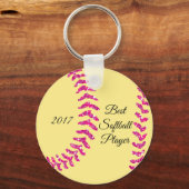 Roze namaak glittersoftbal stiksels sleutelhanger (Voorkant)