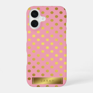 Roze namaak gouden folie polka stippen patroon iPhone 16 hoesje