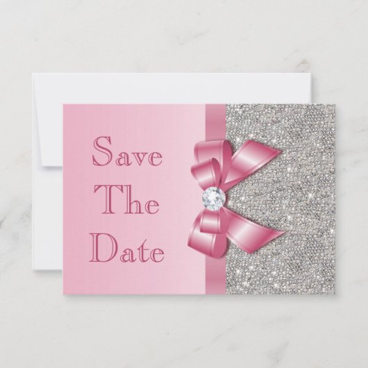 Roze namaak lint & diamanten Save The Date (Voorkant)