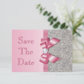 Roze namaak lint & diamanten Save The Date (Staand voorkant)