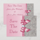 Roze namaak lint & diamanten Save The Date (Voorkant / Achterkant)